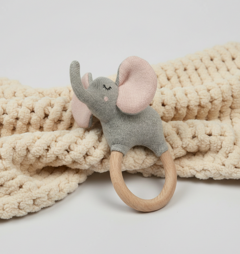 Pomme Jumbo Elephant Knitted Cotton Rattle with Wooden Ring