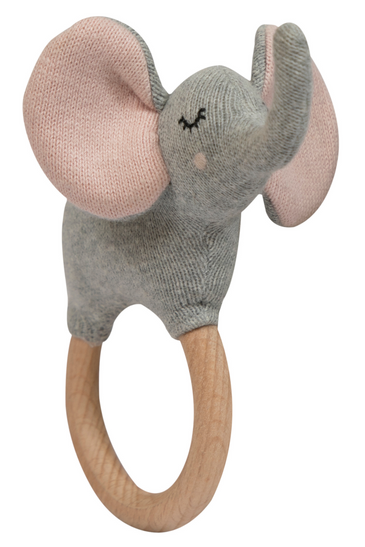 Knitted Rattle Elephant With Wooden Ring