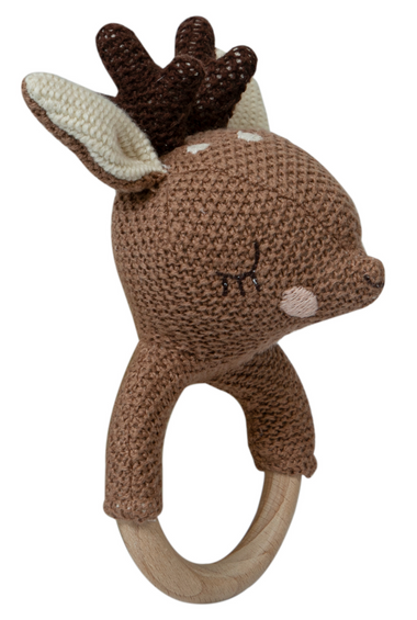 Knitted Deer Rattle With Wooden Ring