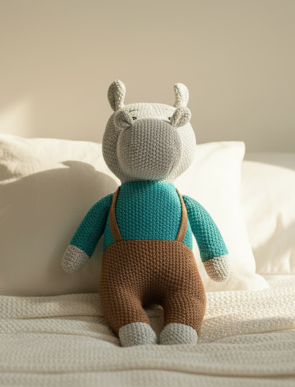Pomme Cotton Knitted Hippo in Dungarees