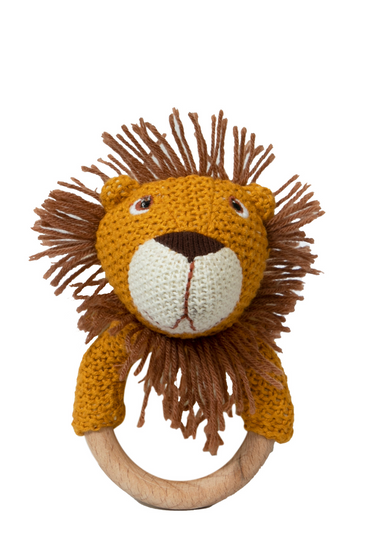 Knitted Lion Rattle With Wooden Ring