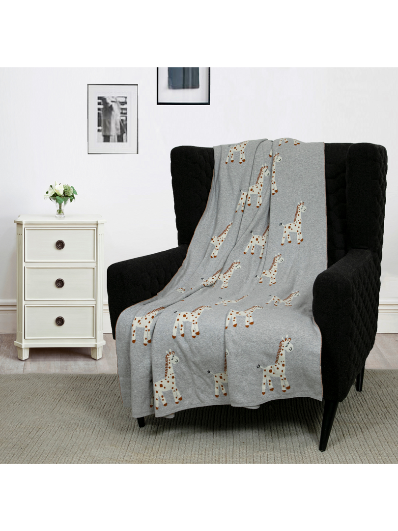 Cotton Knitted Grey Giraffe Throw