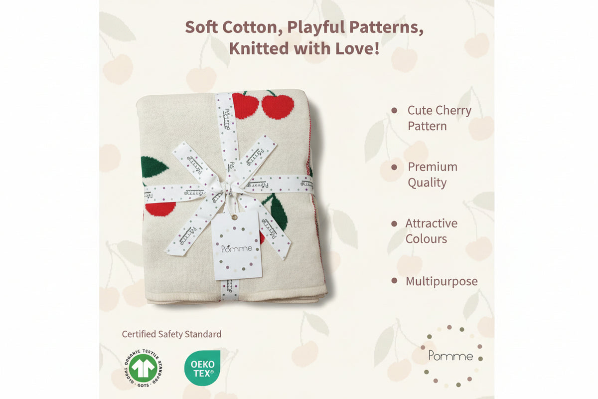 Pomme Cotton Knitted Sweet Cherries Baby Blanket (Ivory)