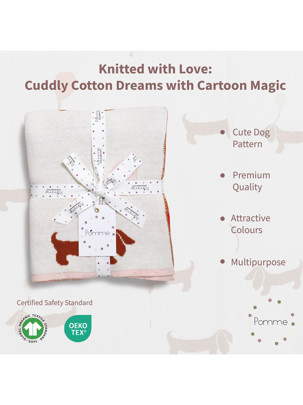 Pomme Cotton Knitted Dachshund & Balloons Baby Blanket (Ivory)
