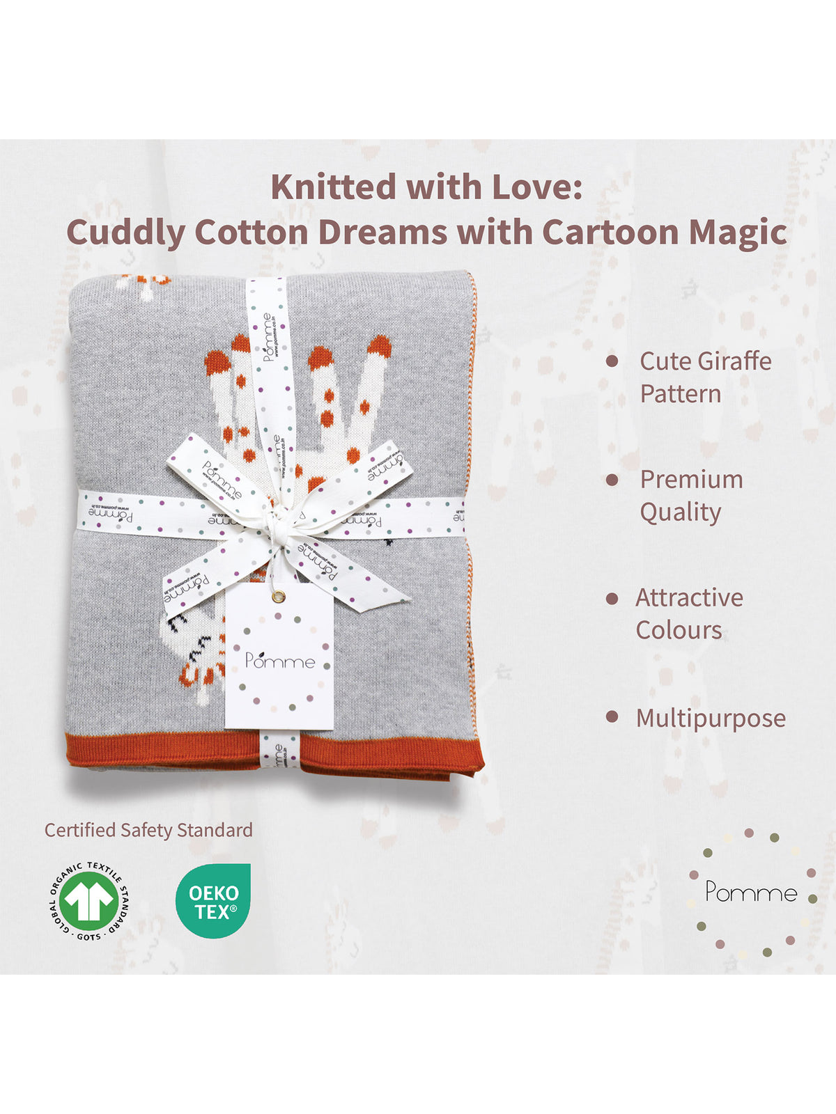 Pomme Cotton Knitted Tall & Spotty Giraffe Baby Blanket (Grey & Rust)