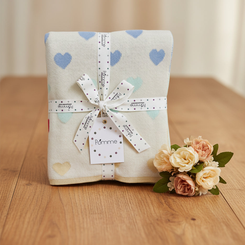 Pomme Cotton Knitted colorful Hearts Baby Blanket