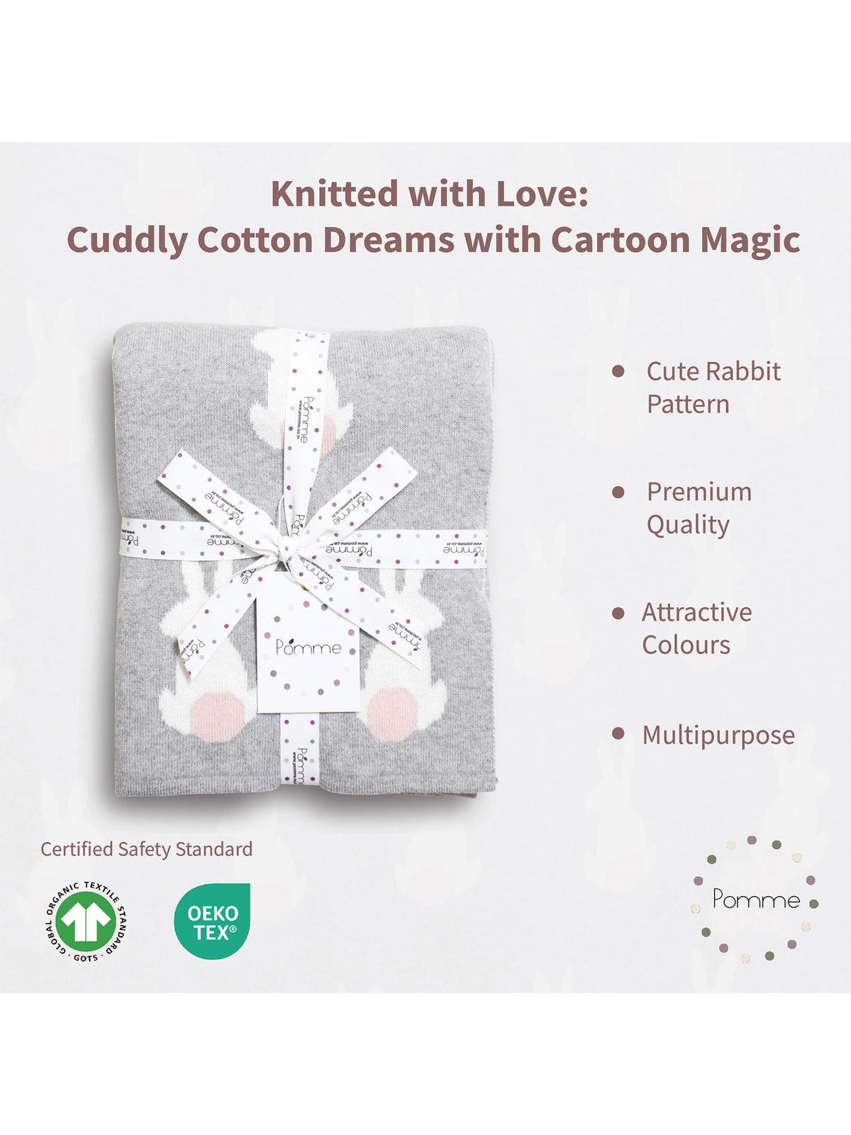 Pomme Cotton Knitted Cotton Tail Bunny Baby Blanket (Grey & Ivory)