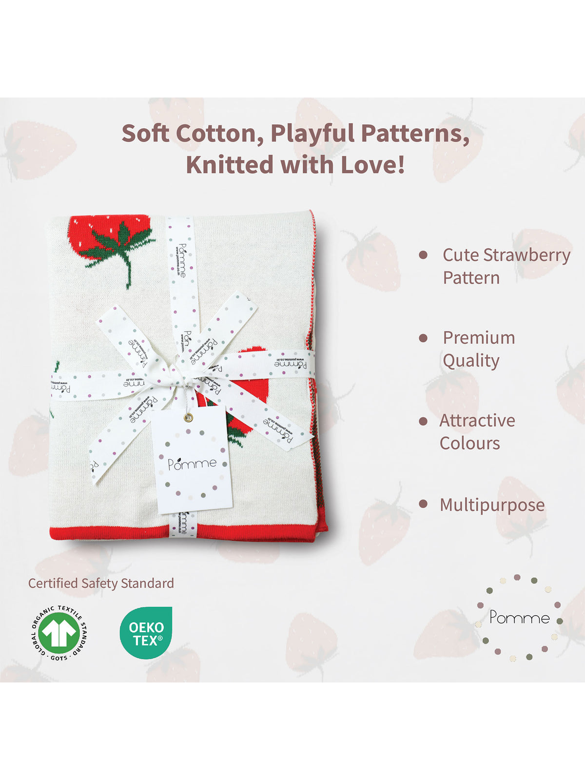 Pomme Cotton Knitted Sweet Strawberries Baby Blanket (Ivory)